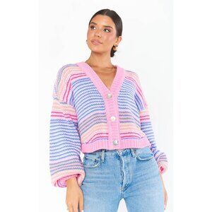Show Me Your Mumu Pink Multi Stripe Cropped Relaxed Fit Button Up Cardigan 90s